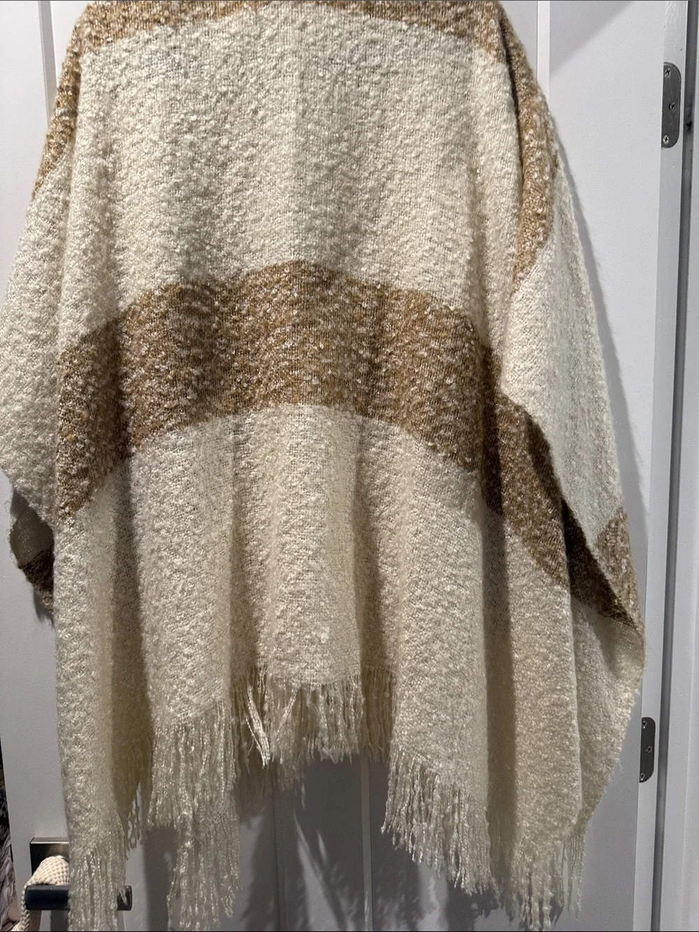 Alice + Olivia Cream and Tan Bouclé Throw Poncho with Fringe OS
